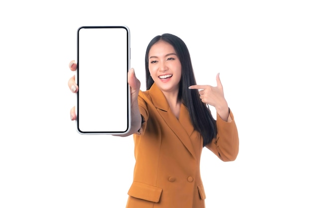 Beautiful Asian young woman Excited surprised girl showing smart phone with blank screen white screen isolated on white background Mock Up Image