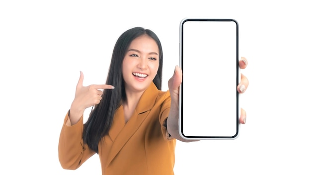 Beautiful Asian young woman Excited surprised girl showing smart phone with blank screen white screen isolated on white background Mock Up Image