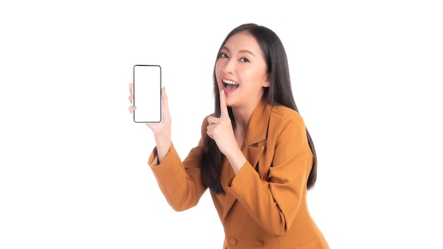 Beautiful Asian young woman Excited surprised girl showing smart phone with blank screen white screen isolated on white background Mock Up Image