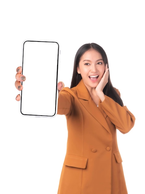 Beautiful Asian young woman Excited surprised girl showing smart phone with blank screen white screen for Mobile App Advertising isolated on white background smart phone display Mock Up Image