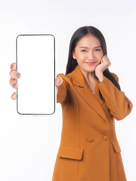 Beautiful Asian young woman Excited surprised girl showing smart phone with blank screen white screen for Mobile App Advertising isolated on white background smart phone display Mock Up Image