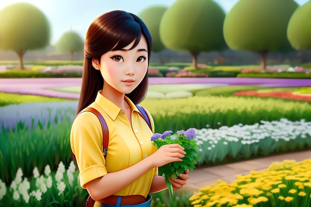 Beautiful asian young woman working a gardener girl planting flowers AI