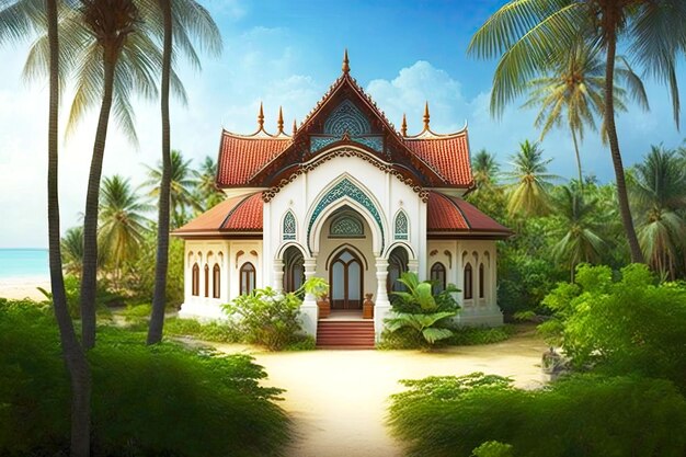 Beautiful asianstyle beachfront villa with high arches and tropical garden generative ai