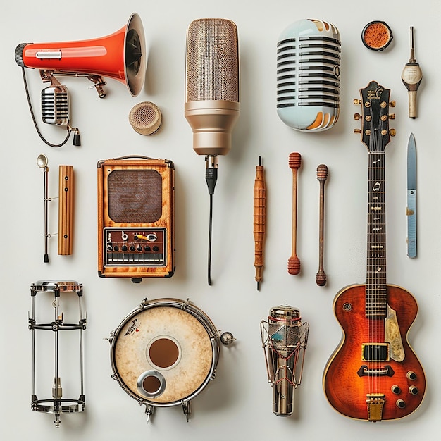 Photo beautiful assorted classic music mic and instrumentsminimal on a plain white background