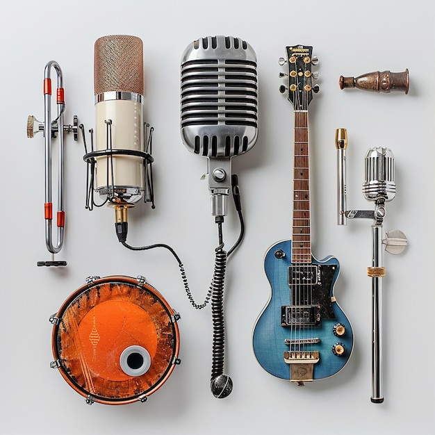 Photo beautiful assorted classic music mic and instrumentsminimal on a plain white background