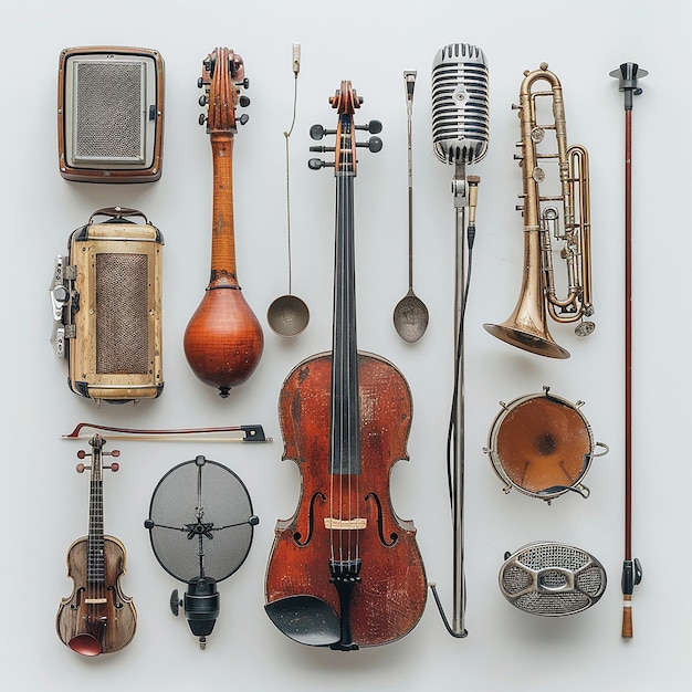 Photo beautiful assorted classic music mic and instrumentsminimal on a plain white background