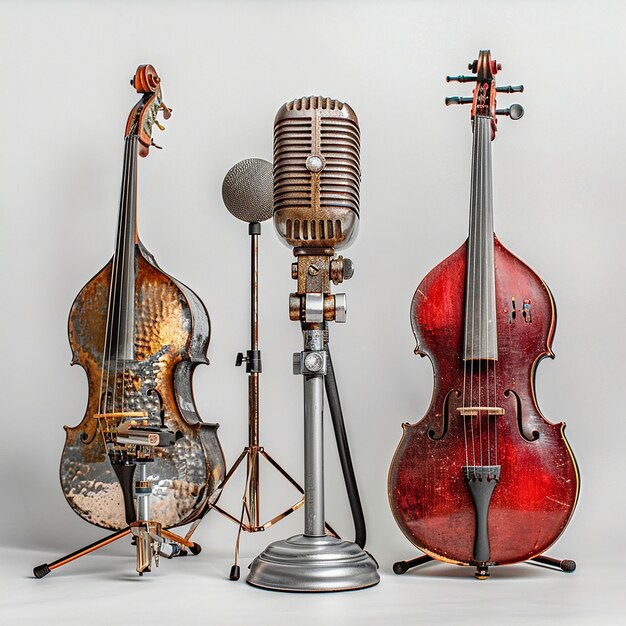 Photo beautiful assorted classic music mic and instrumentsminimal on a plain white background