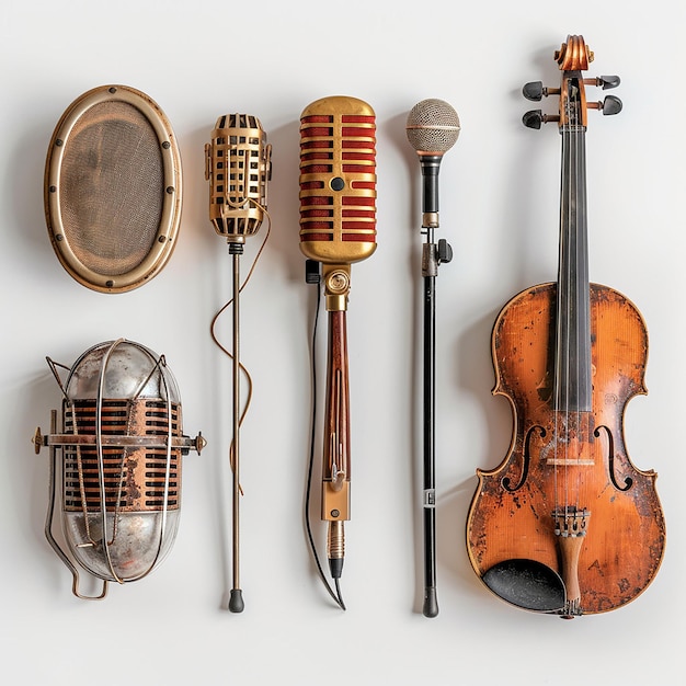 Photo beautiful assorted classic music mic and instrumentsminimal on a plain white background