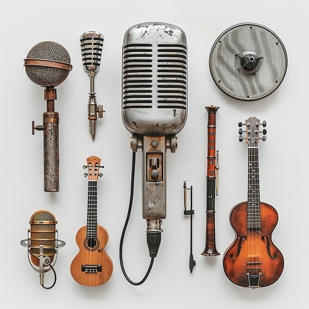 beautiful assorted classic music mic and instrumentsminimal on a plain white background