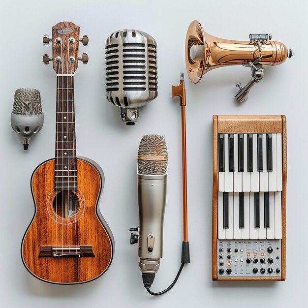 beautiful assorted classic music mic and instrumentsminimal on a plain white background