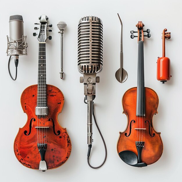 beautiful assorted classic music mic and instrumentsminimal on a plain white background