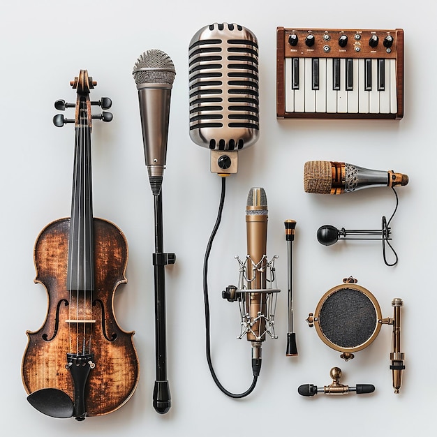 beautiful assorted classic music mic and instrumentsminimal on a plain white background