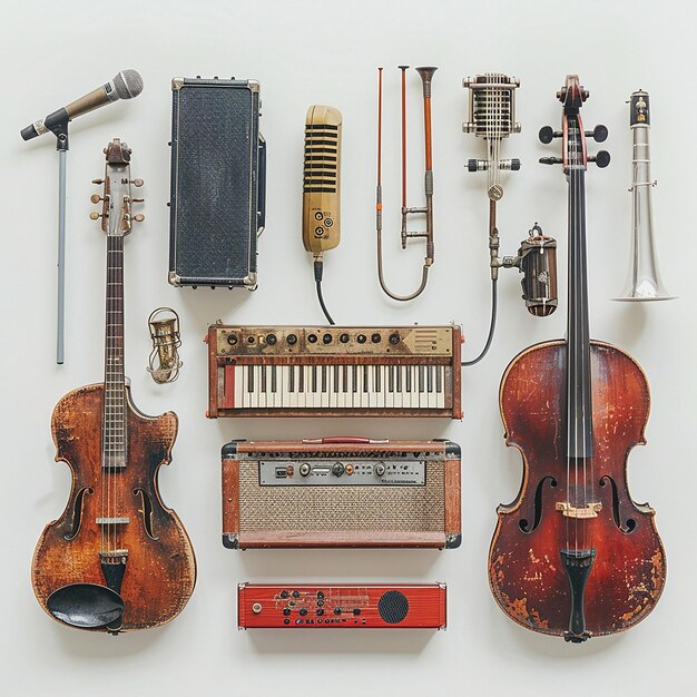 beautiful assorted classic music mic and instrumentsminimal on a plain white background