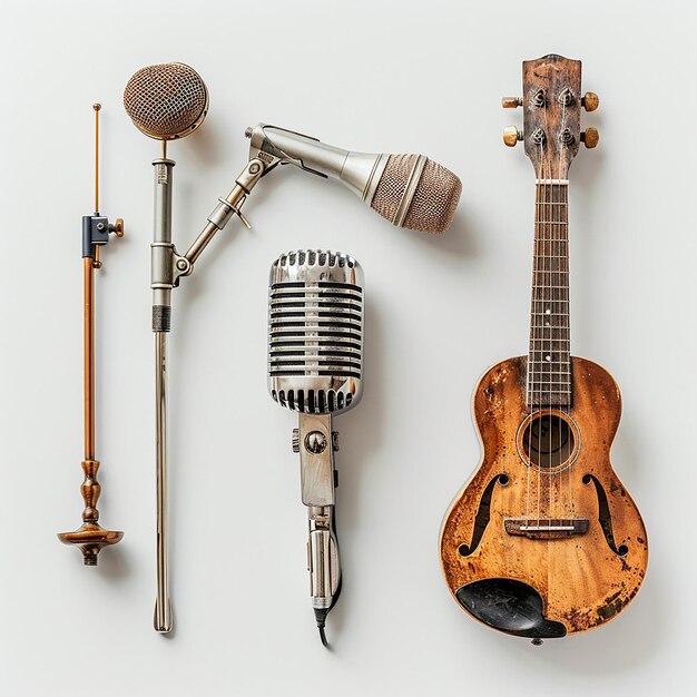 beautiful assorted classic music mic and instrumentsminimal on a plain white background