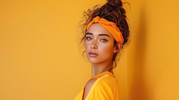 A beautiful athlete girl in yellow clothes on a yellow background