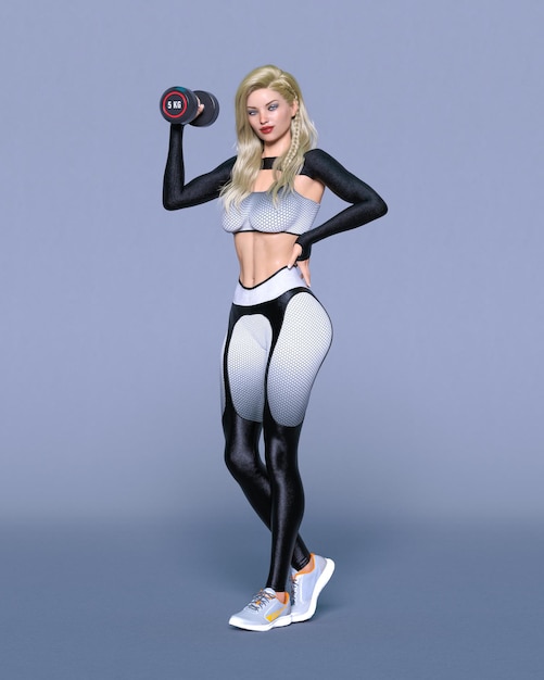 Beautiful athlete woman dumbbells barbell