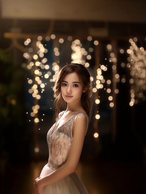 A beautiful attractive well dressed Asian woman standing at bokeh romantic background