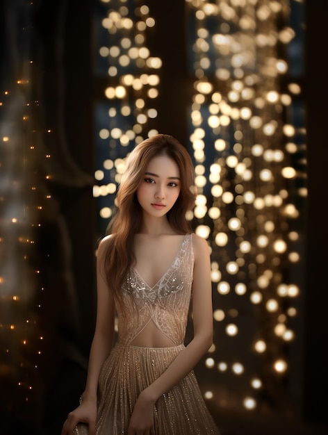 A beautiful attractive well dressed Asian woman standing at bokeh romantic background