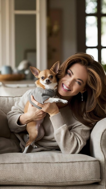 Photo beautiful attractive woman playing with lovely chihuahua brown hair dog with on sofa home backgroun