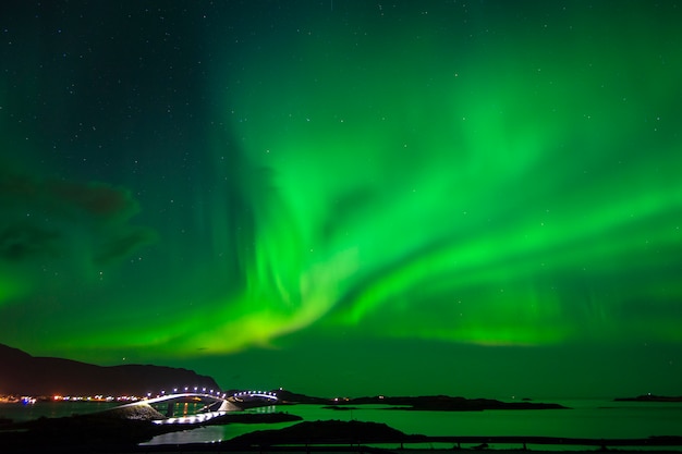 Beautiful aurora boreal in Lofoten Islands 