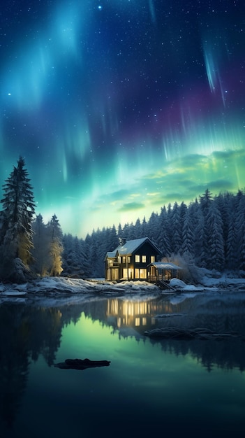 beautiful aurora in the night sky above forest wallpaper