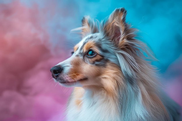 Beautiful Australian Shepherd Dog Profile Against Colorful Blue and Pink Bokeh Background