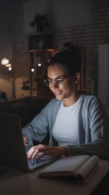 Beautiful Authentic Latina Female Sitting at a Desk in a Cozy Dark Living Room in the Evening and U