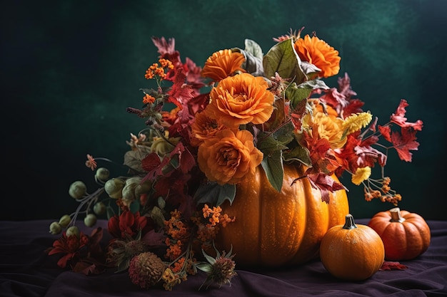 Beautiful autumn bouquet in pumpkin on color background Generative AI