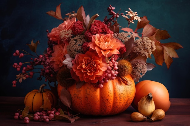 Beautiful autumn bouquet in pumpkin on color background Generative AI