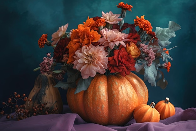 Beautiful autumn bouquet in pumpkin on color background Generative AI