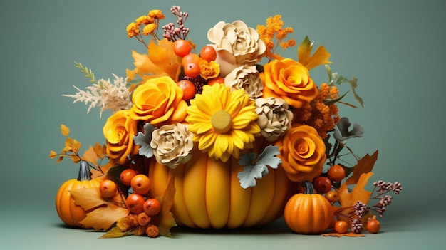 Beautiful autumn bouquet in pumpkin on color background