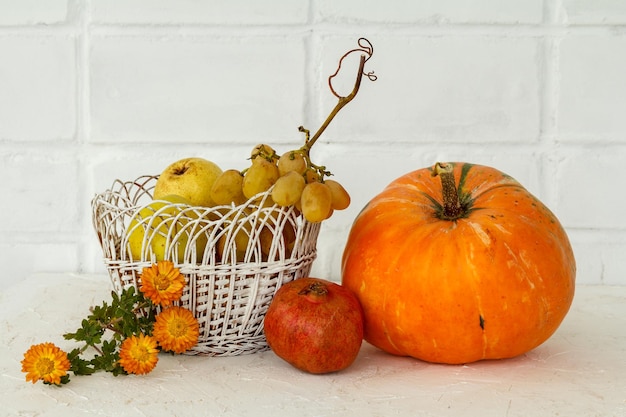 Beautiful autumn composition with a pumpkin on white background