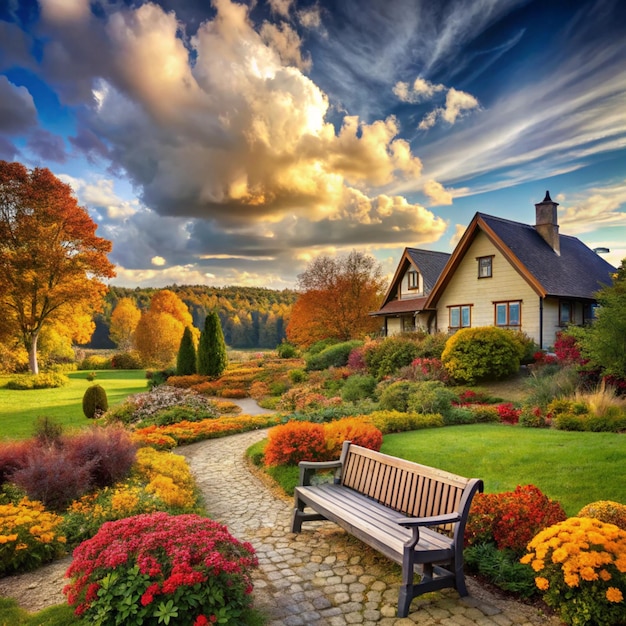 Photo beautiful autumn country house a garden retreat