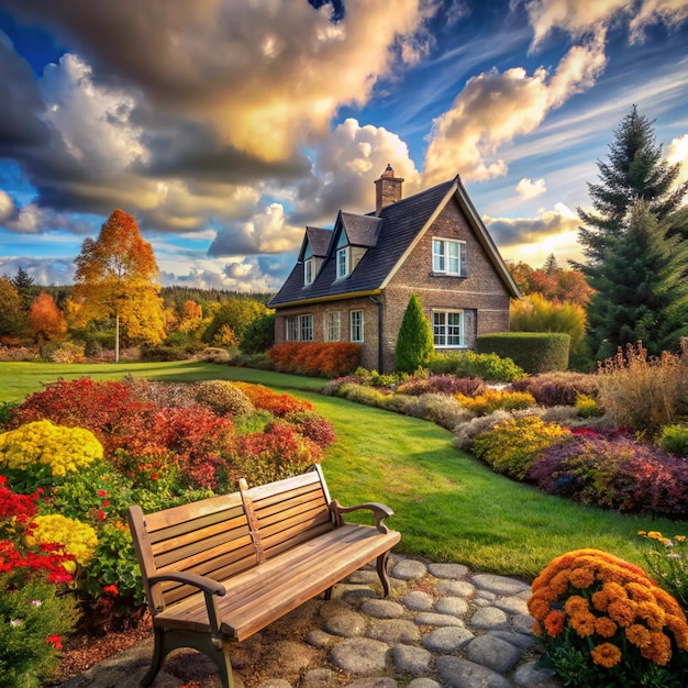 Photo beautiful autumn country house a garden retreat