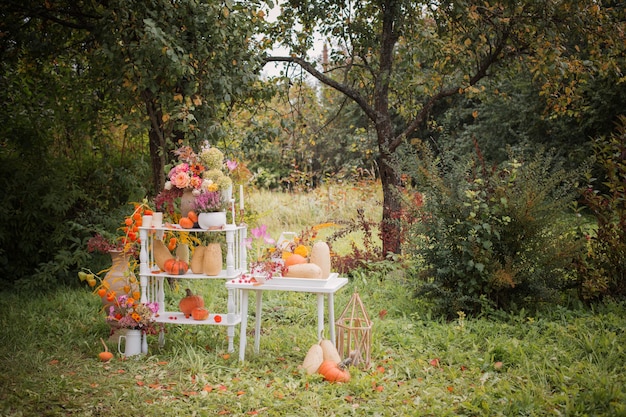 Photo beautiful autumn decor with flowers, berries, pumpkins in garden