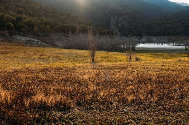 Beautiful autumn field landscape during the sunset. Sun shining in the mountains with meadow field