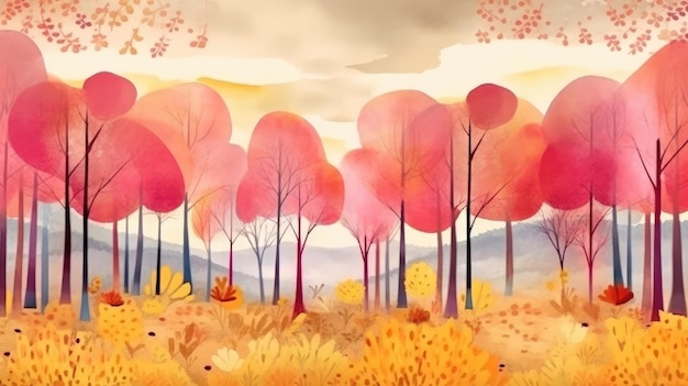 A beautiful autumn forest painted in watercolor with vibrant colors Illustration Generative AI