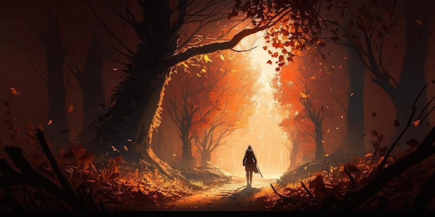 Beautiful autumn forest scenery bright sun female knight bright background nature