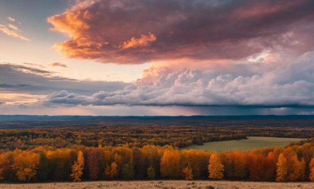 Photo beautiful autumn landscape against an orange sky