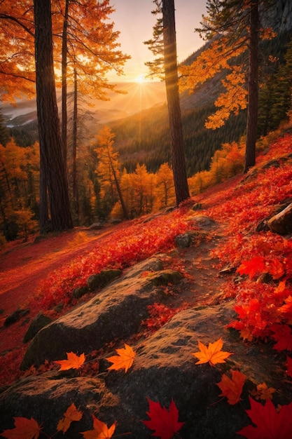 Beautiful autumn landscape in the mountains with colorful trees and bright sun