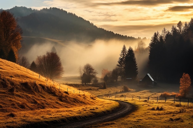 Beautiful autumn landscape with fog