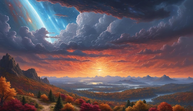 A beautiful autumn landscape with a sunset mountains and trees