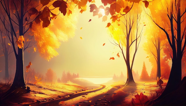 Beautiful autumn landscape with yellow trees Colorful foliage in the park nature background