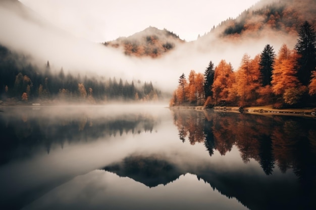 Beautiful autumn mountain nature lake with mist Generative AI