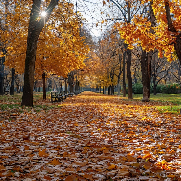 Beautiful Autumn Park with Trees adorned with Golden Leaves