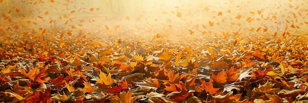 A beautiful autumn scene with fallen leaves on the ground with more leaves being blown by the