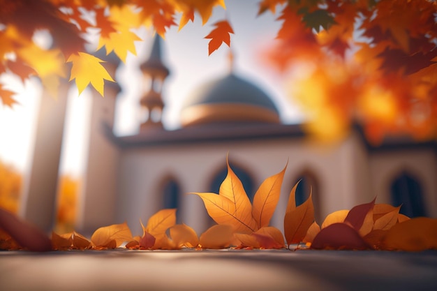 A beautiful autumn scene with leaves and a mosque in the background.