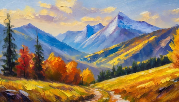 Beautiful autumn scenery with mountains Natural landscape Oil painting