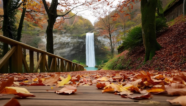 Beautiful autumn scenery a wooden path covered in fallen leaves leading to a stunning waterfall