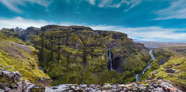 Beautiful autumn view from Mulagljufur Canyon to Fjallsarlon glacier with Breidarlon ice lagoon Iceland and Atlantic Ocean in far It is south end of Vatnajokull icecap and Oraefajokull volcano